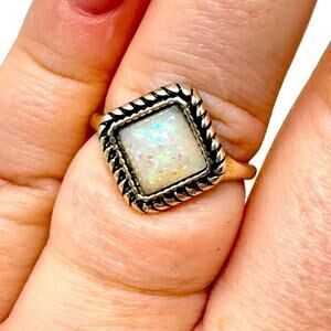 Silver Faux Opal Moonstone Roped Art Deco Diamond Shape Ring NEW